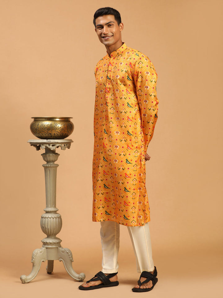 VASTRAMAY Men's Yellow Silk Blend Ethnic Kurta With Cream Viscose Pant Set