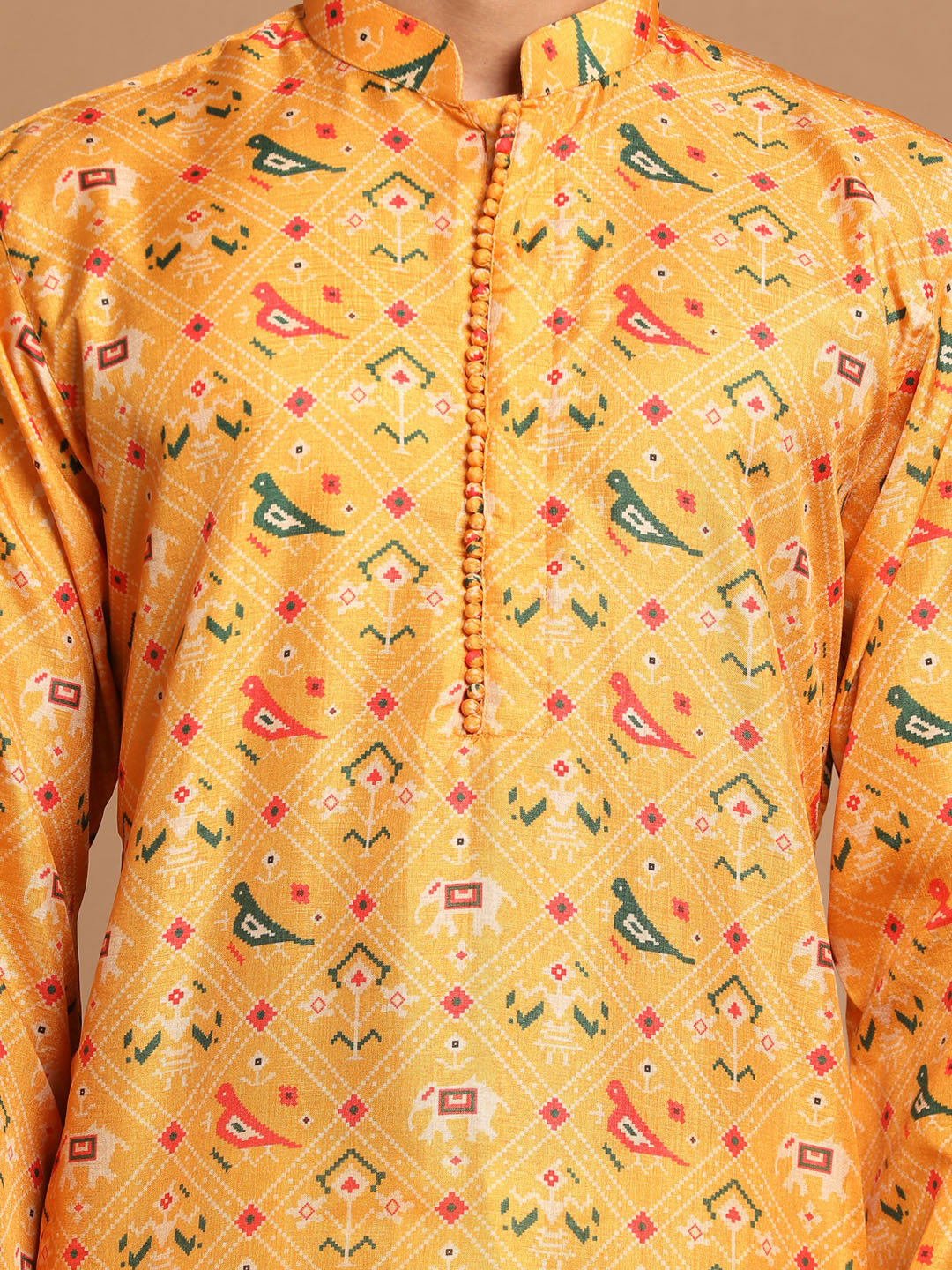 VASTRAMAY yellow Ethnic printed Silk Blend Kurta Pyjama baap Beta Set