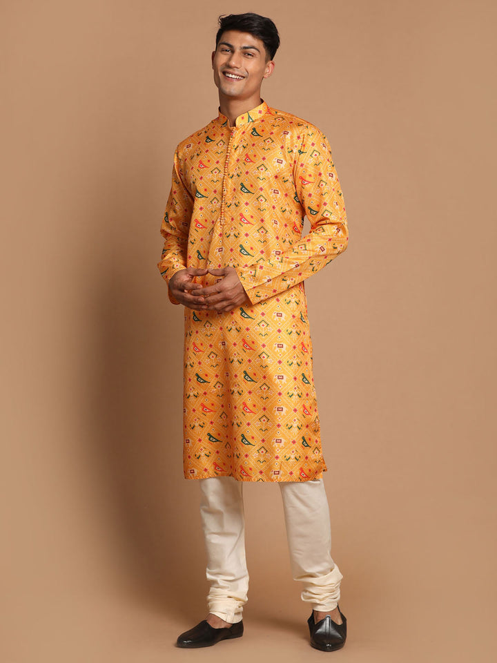 VASTRAMAY Men's Yellow Silk Blend Ethnic Kurta with Cream Pyjamas Set