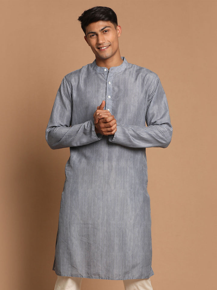 VASTRAMAY Men's Grey Striped Kurta