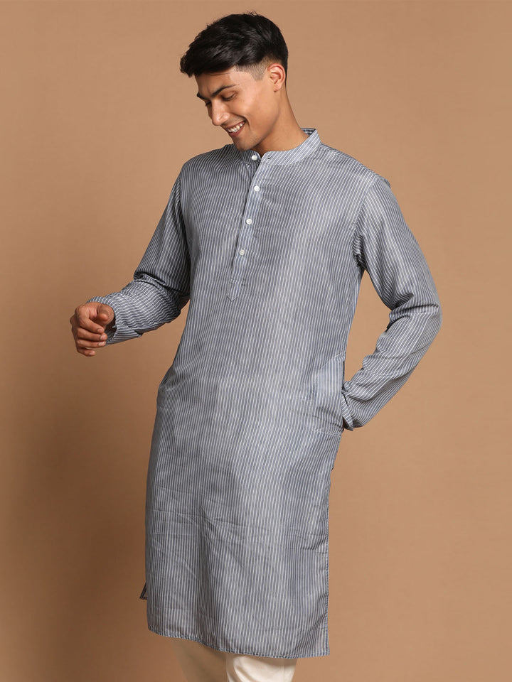 VASTRAMAY Men's Grey Striped Kurta