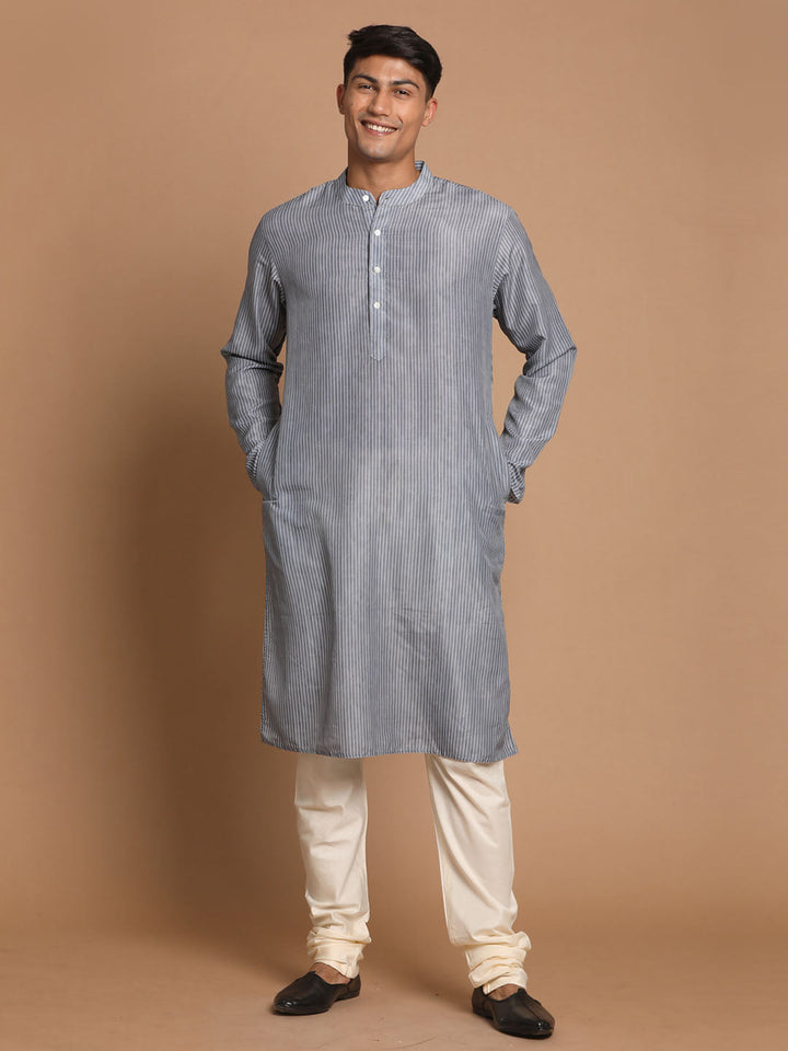 VASTRAMAY Men's Grey Striped Kurta