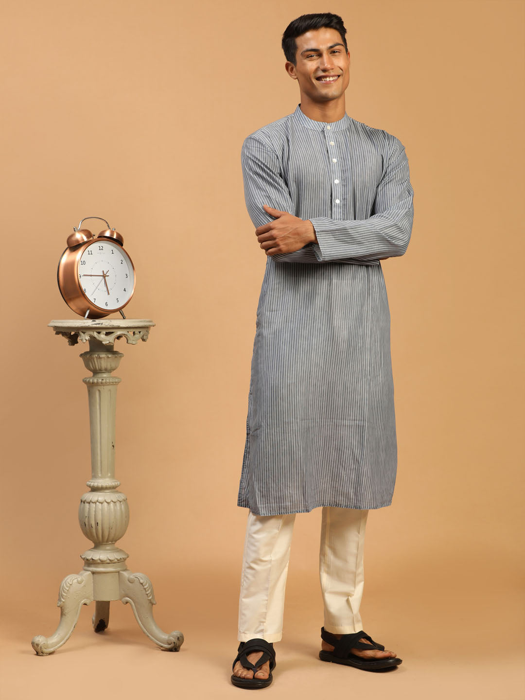 VASTRAMAY Men's Grey Striped Kurta With Cream Viscose Pant Set