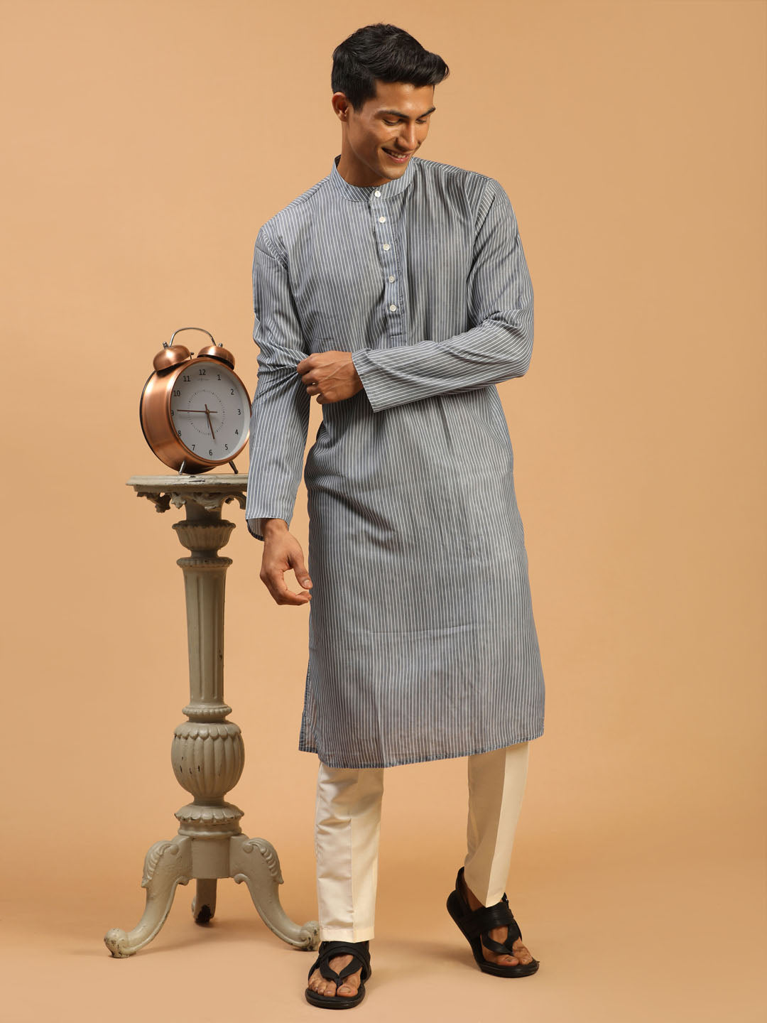 VASTRAMAY Men's Grey Striped Kurta With Cream Viscose Pant Set