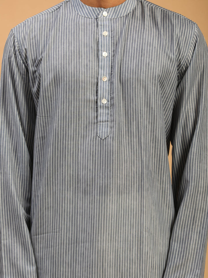 VASTRAMAY Men's Grey Striped Kurta With Cream Viscose Pant Set