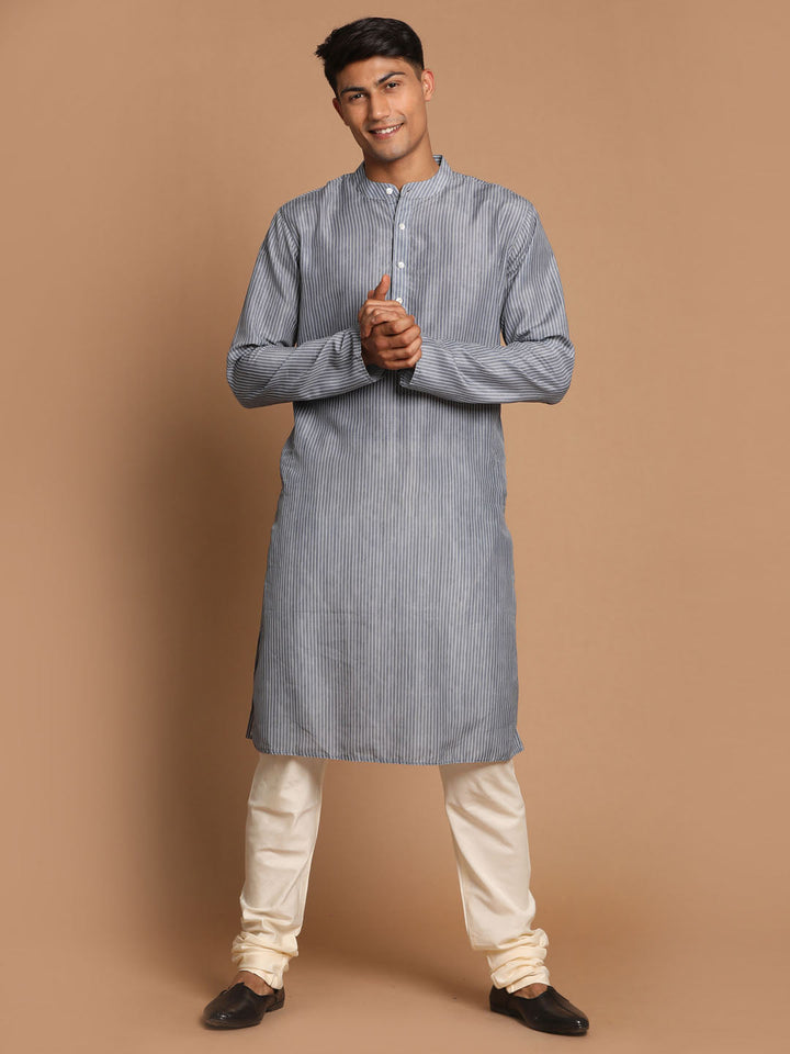 VASTRAMAY Men's Grey Striped Kurta with Cream Pyjamas Set