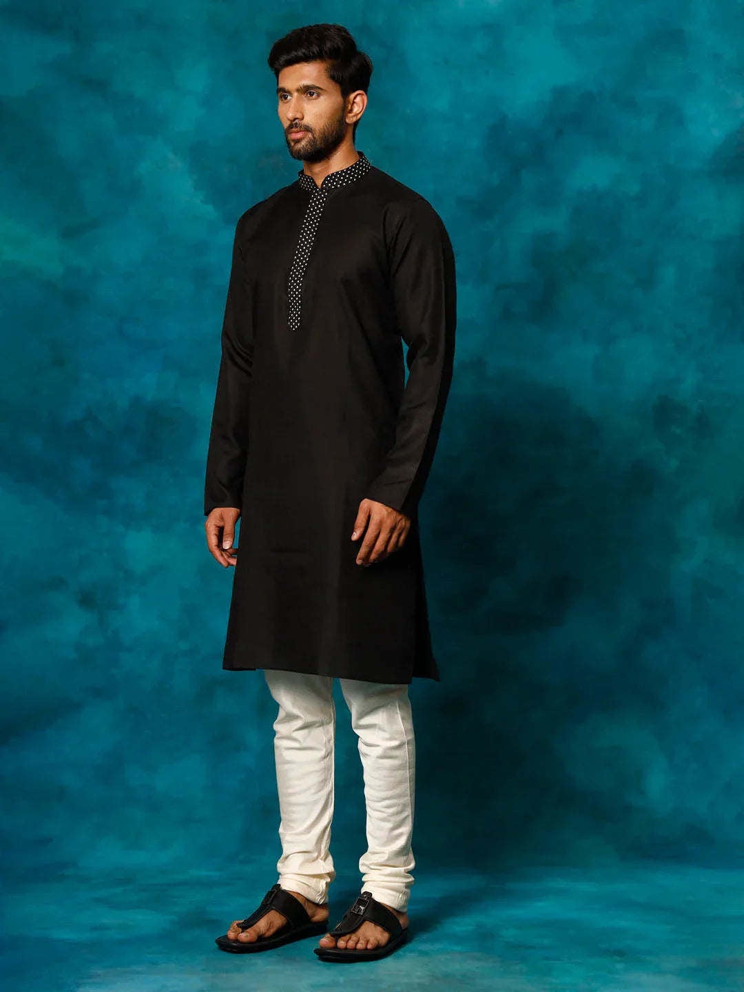 Men's Black And Cream Cotton Blend Kurta Pyjama Set