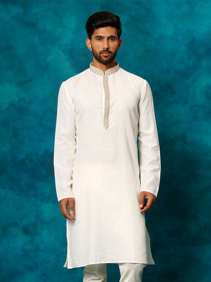 VASTRAMAY Men's Cream Cotton Blend Ethnic Kurta