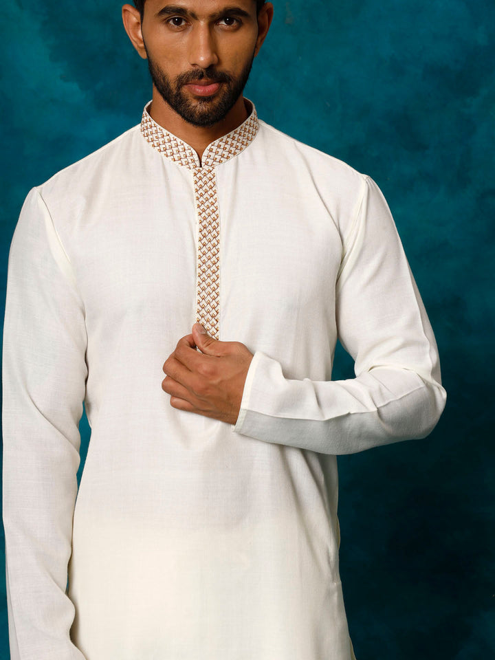 VASTRAMAY Men's Cream Cotton Blend Ethnic Kurta