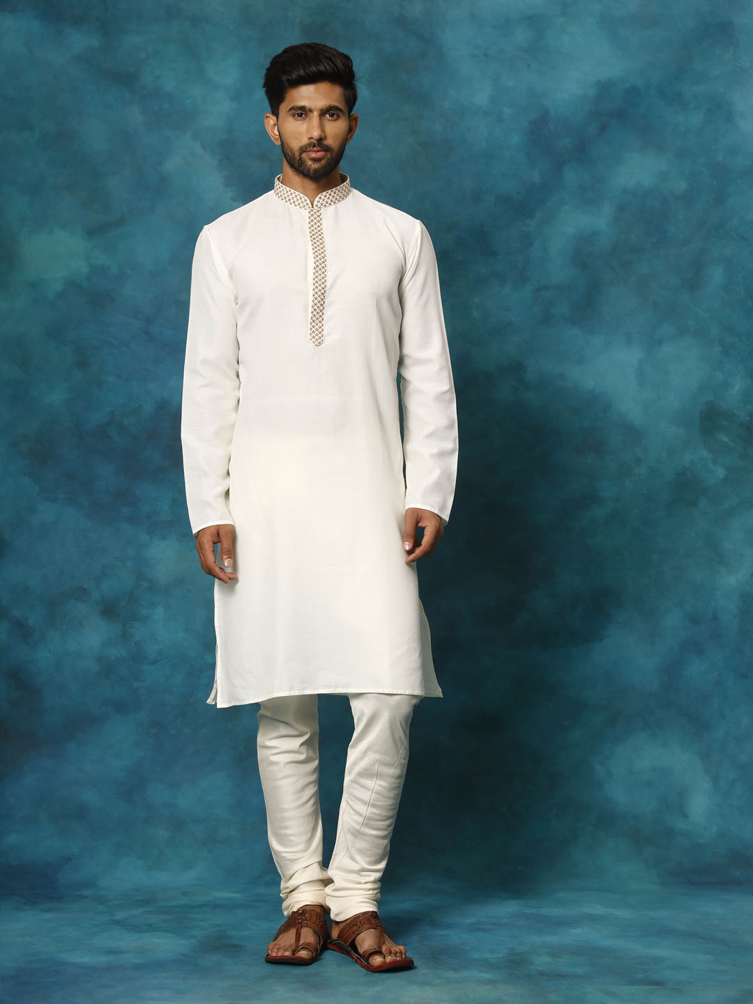 Men's Cream Cotton Blend Kurta Pyjama Set