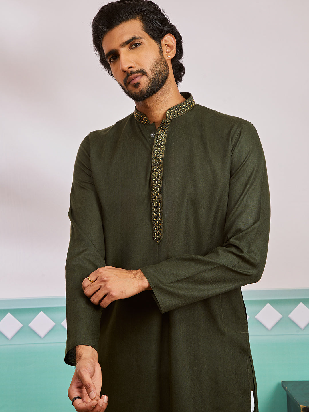 Men's Mehendi Green Cotton Blend Kurta