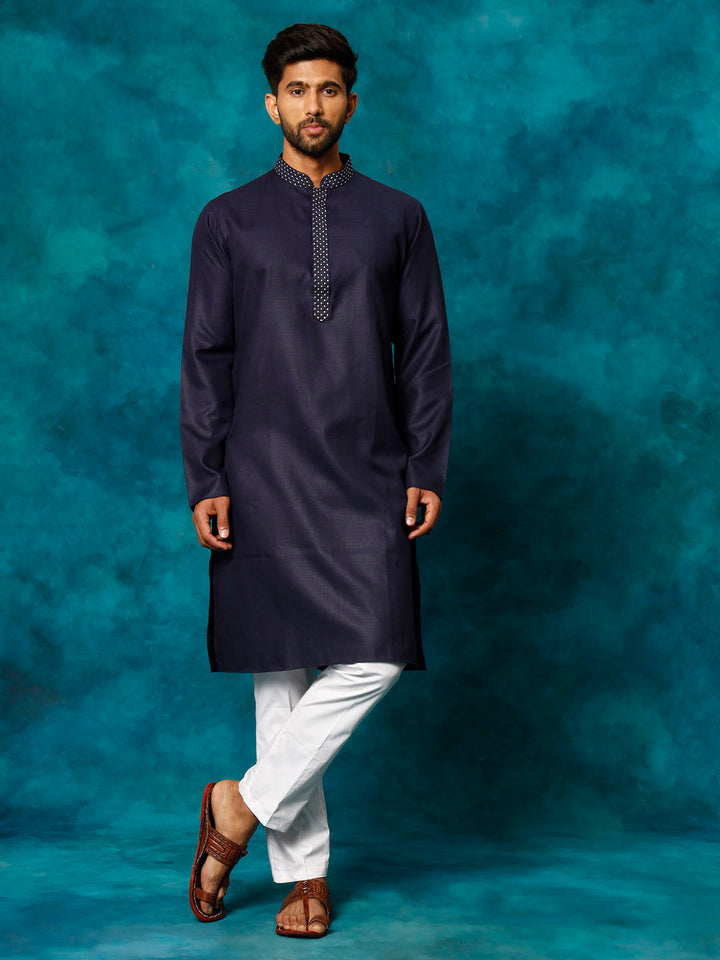 VASTRAMAY Men's Navy Blue And White Cotton Blend Kurta Pyjama Set