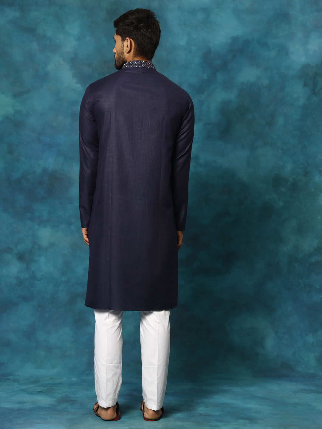 VASTRAMAY Men's Navy Blue And White Cotton Blend Kurta Pyjama Set