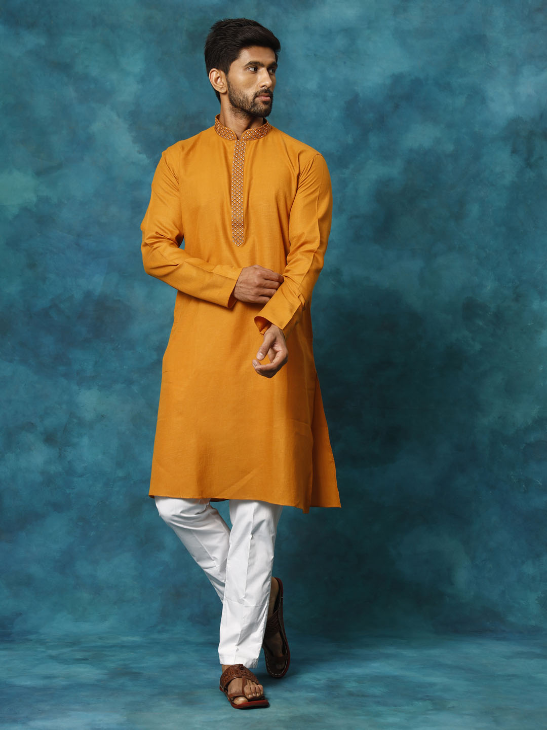 VASTRAMAY Men's Rust And White Cotton Blend Kurta Pyjama Set