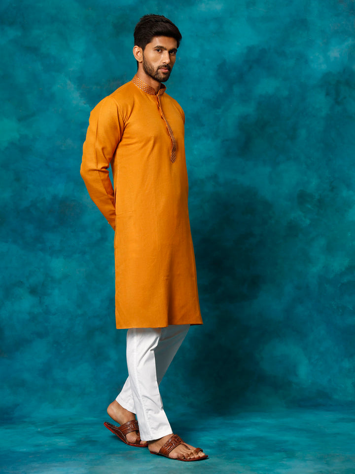 VASTRAMAY Men's Rust And White Cotton Blend Kurta Pyjama Set