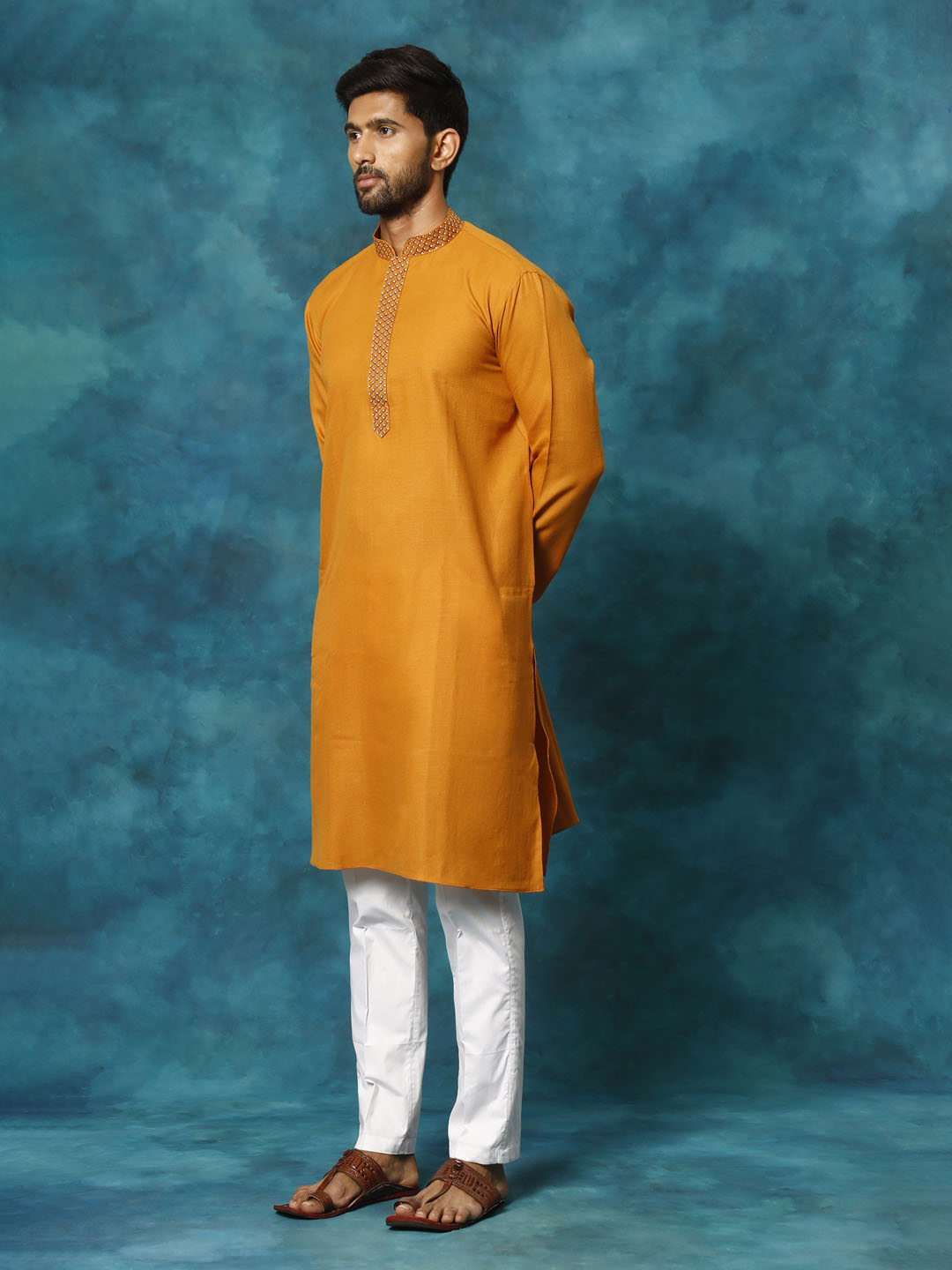 Men's Rust And White Cotton Blend Kurta Pyjama Set