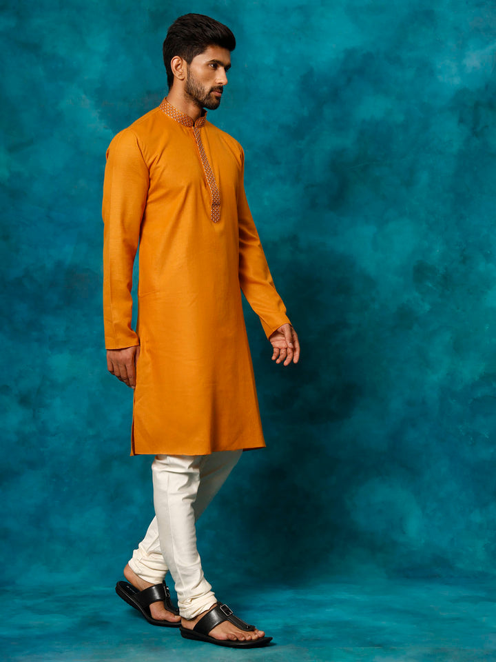 VASTRAMAY Men's Rust And Cream Cotton Blend Kurta Pyjama Set