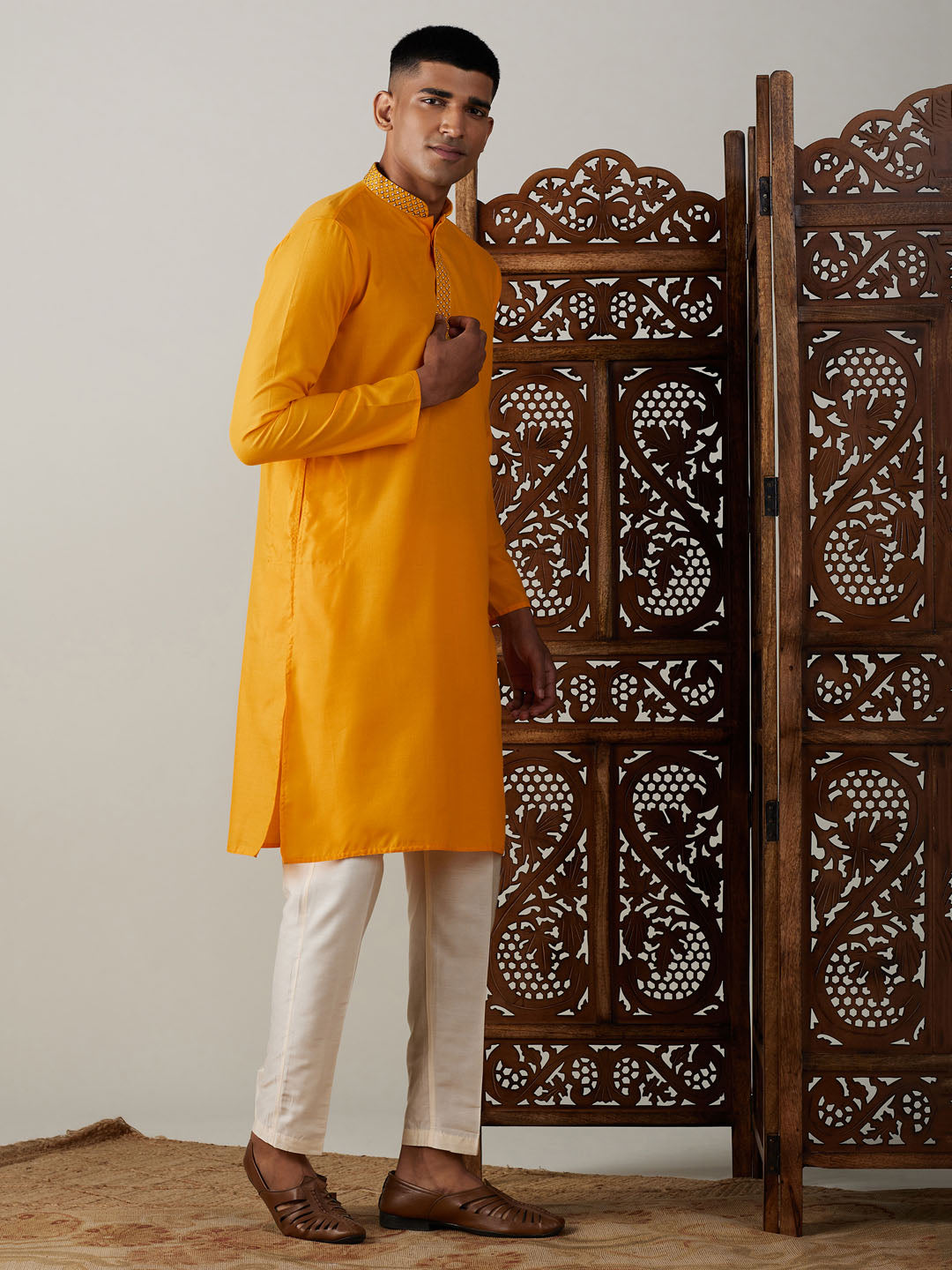 VASTRAMAY Men's Yellow And Cream Solid Kurta With Pant Style Cotton Pyjama Set