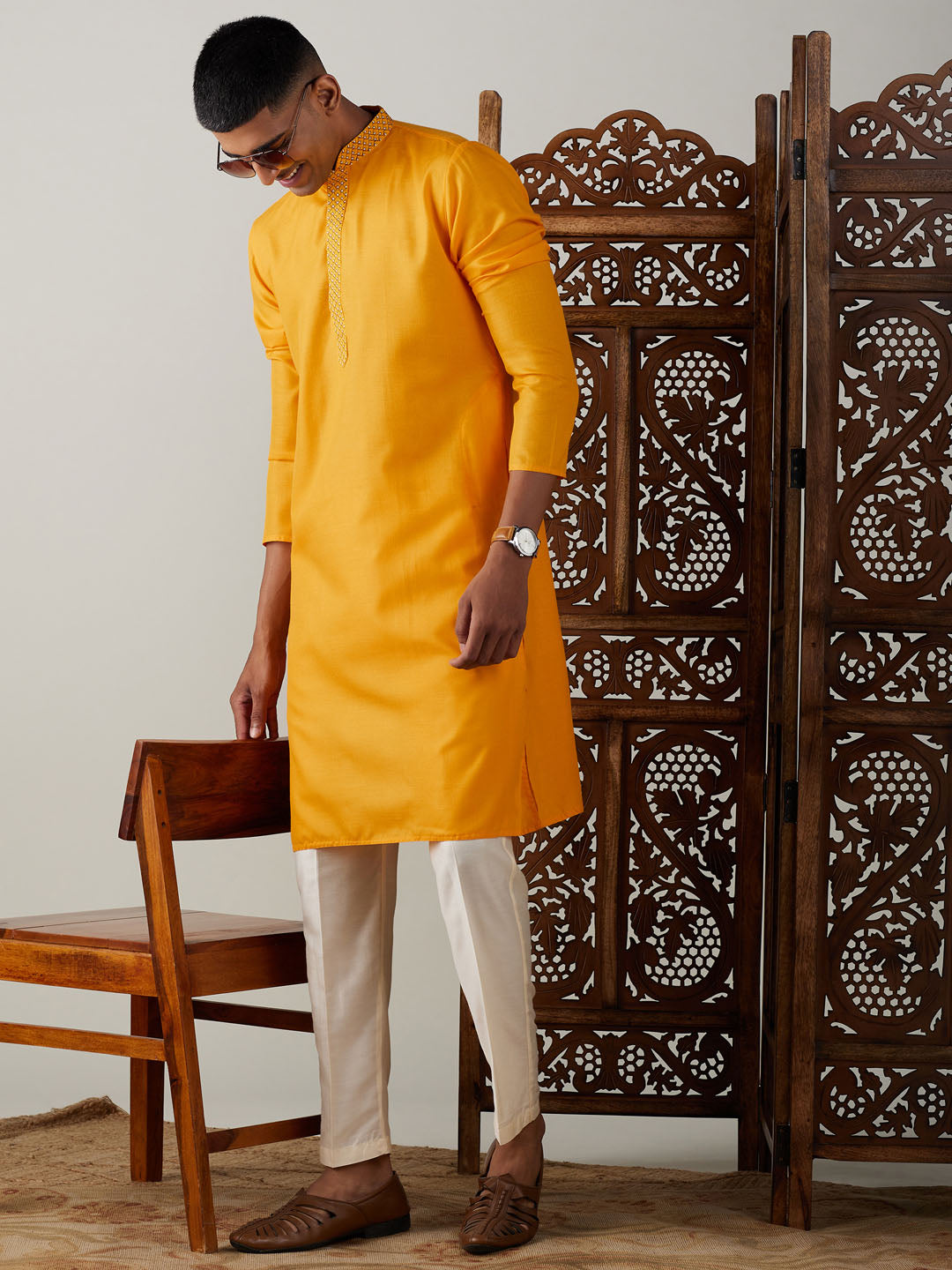 VASTRAMAY Men's Yellow And Cream Solid Kurta With Pant Style Cotton Pyjama Set