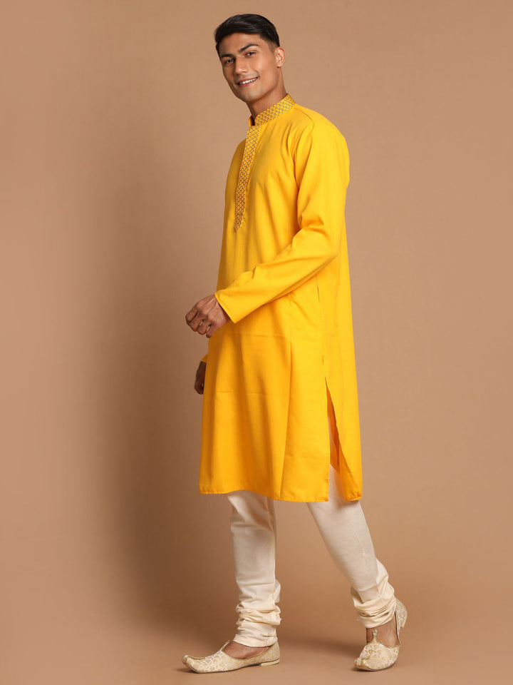 VASTRAMAY Men's Yellow And Cream Solid Kurta With Pyjama Set