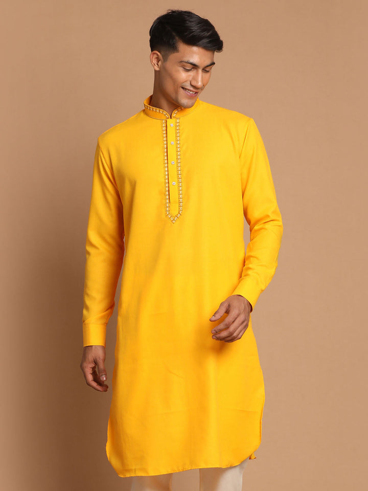 VASTRAMAY Men's Yellow Cotton Blend Kurta