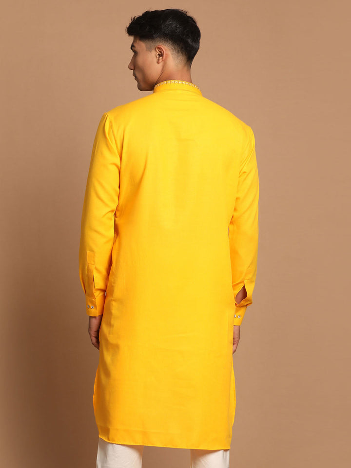 VASTRAMAY Men's Yellow Cotton Blend Kurta