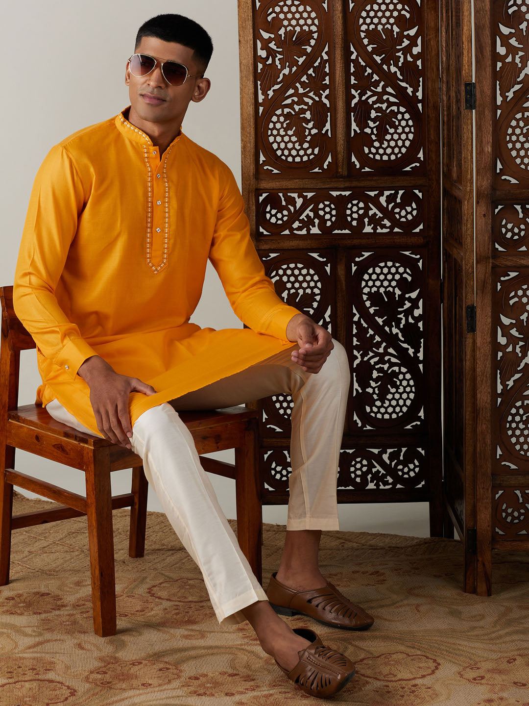 VASTRAMAY Men's Yellow And Cream Solid Kurta With Viscose Pant Style Viscose Pyjama Set