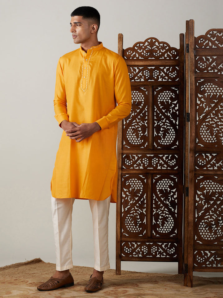 VASTRAMAY Men's Yellow And Cream Solid Kurta With Viscose Pant Style Viscose Pyjama Set