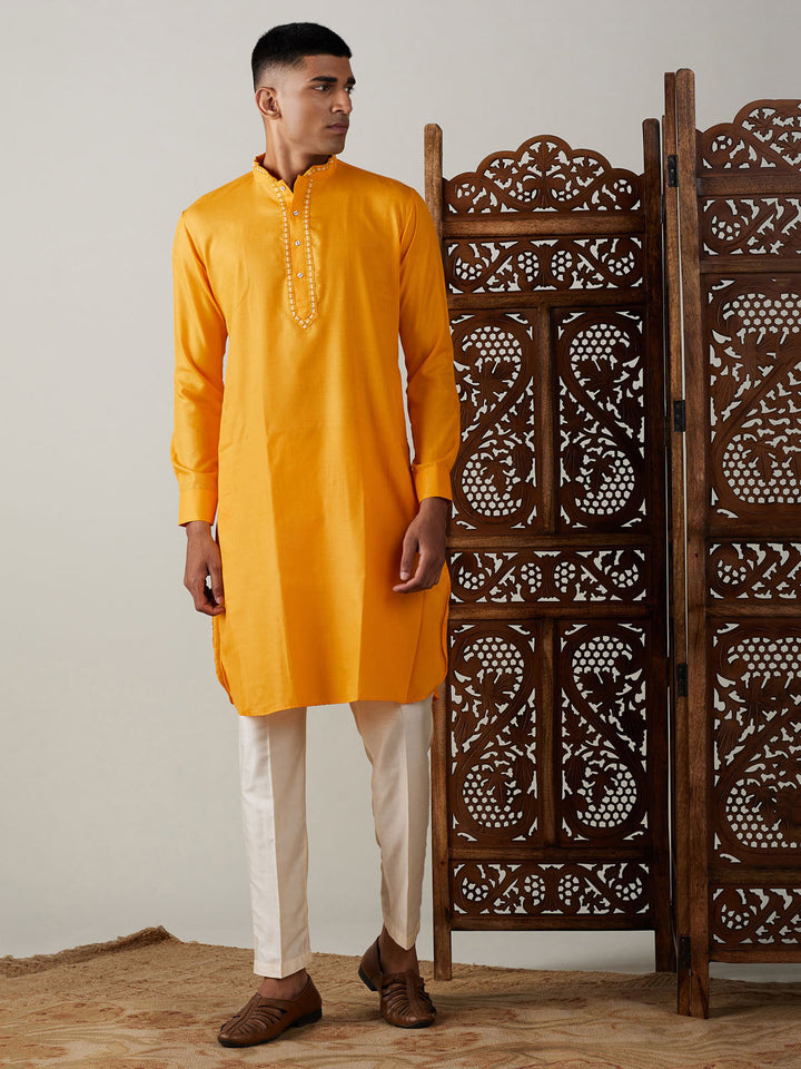 VASTRAMAY Men's Yellow And Cream Solid Kurta With Viscose Pant Style Viscose Pyjama Set