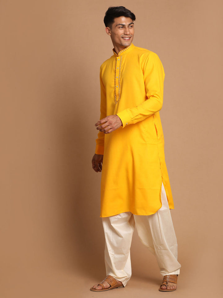 VASTRAMAY Men's Yellow Cotton Blend Kurta with Patiala Set