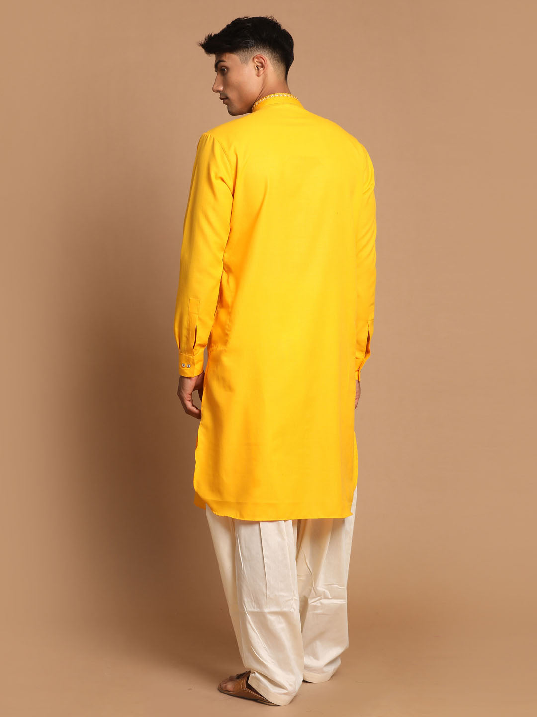 VASTRAMAY Men's Yellow Cotton Blend Kurta with Patiala Set