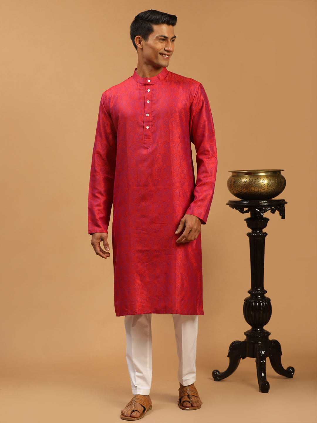 VASTRAMAY Men's Red Paisley Brocade Silk Kurta And  White Solid Pant Set