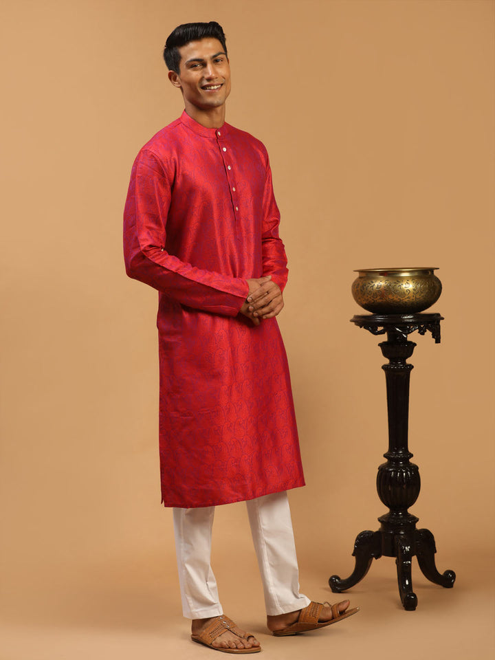 VASTRAMAY Men's Red Paisley Brocade Silk Kurta And  White Solid Pant Set