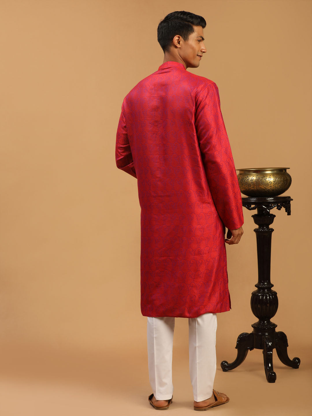 VASTRAMAY Men's Red Paisley Brocade Silk Kurta And  White Solid Pant Set