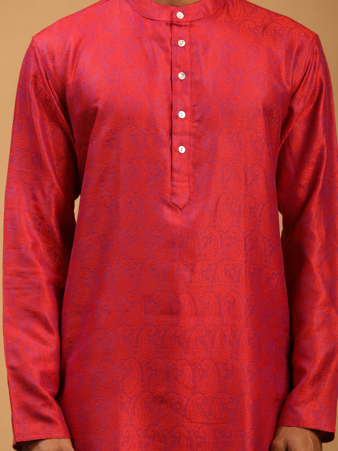 VASTRAMAY Men's Red Paisley Brocade Silk Kurta And  White Solid Pant Set