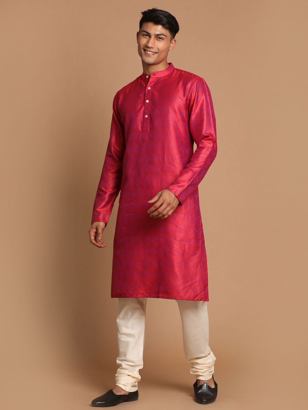 Vastramay Men's Red Paisley Brocade Silk Kurta And Solid Pyjama Set