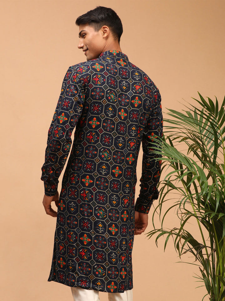 VASTRAMAY Men's Blue Printed Rayon Kurta