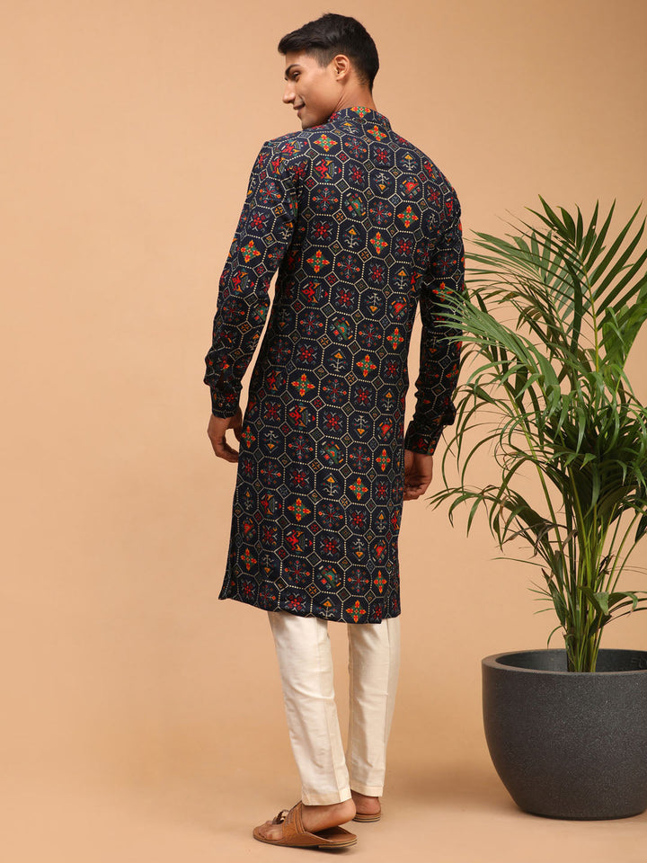 VASTRAMAY Men's Blue Printed Rayon Kurta With Pant Set