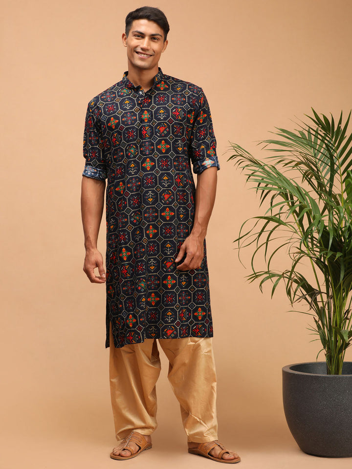 VASTRAMAY Men's Blue Printed Rayon Kurta With Patiala Set