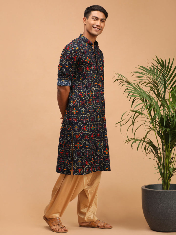 VASTRAMAY Men's Blue Printed Rayon Kurta With Patiala Set