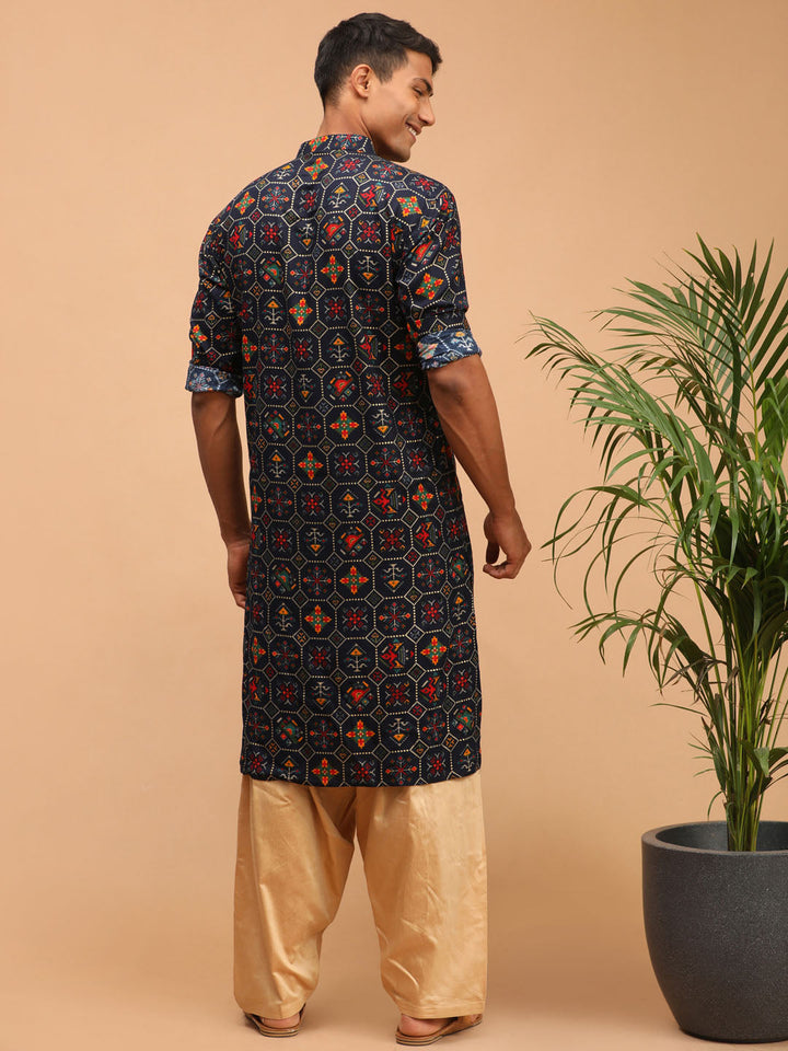 VASTRAMAY Men's Blue Printed Rayon Kurta With Patiala Set