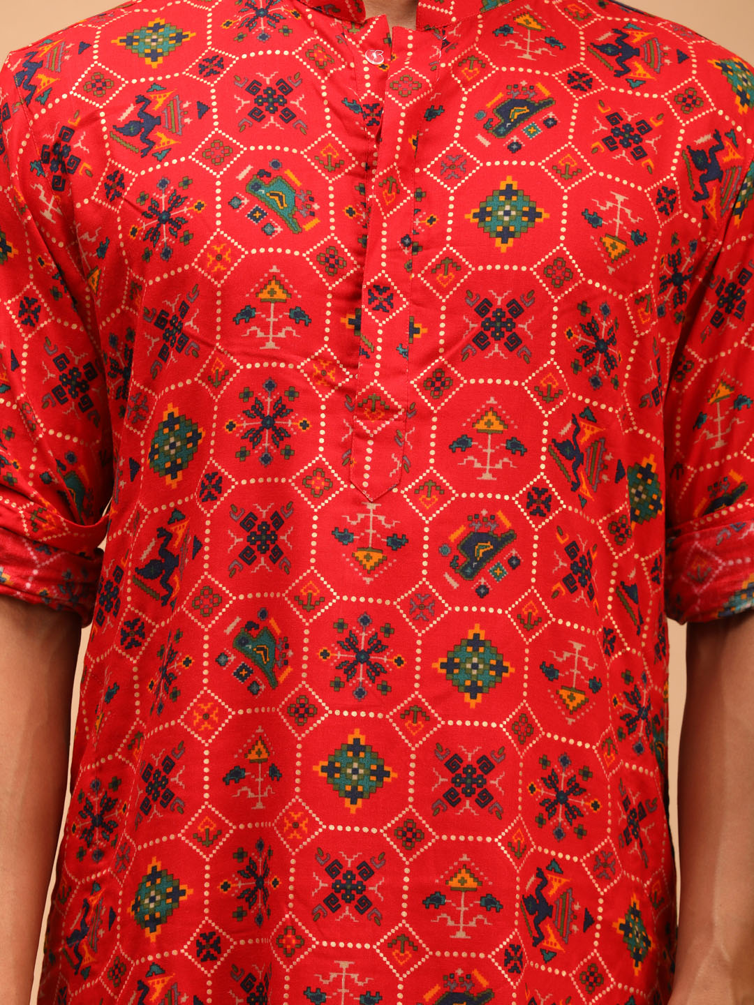 VASTRAMAY Men's Red Printed Rayon Kurta With Pant Set