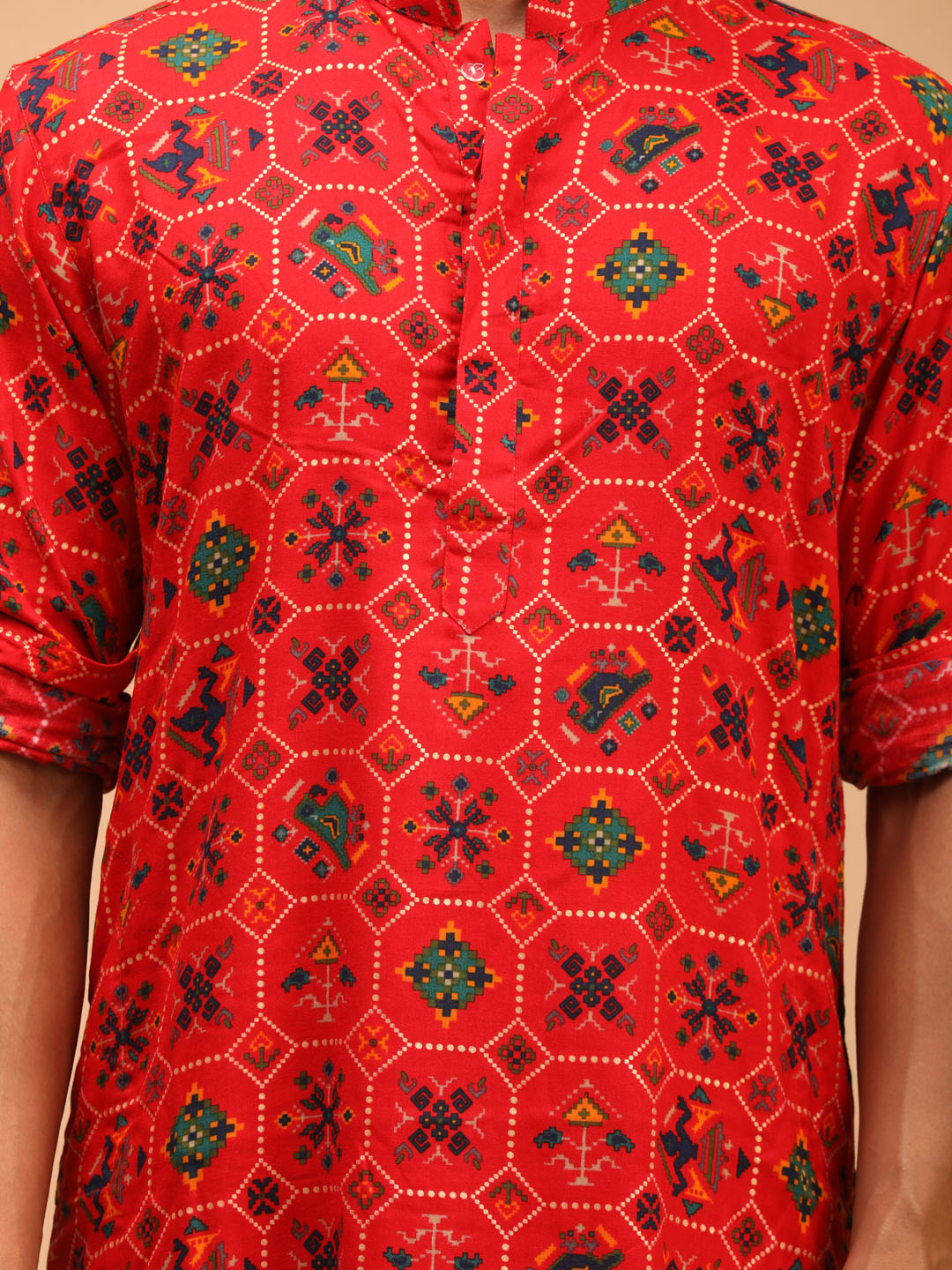 Men's Red & Cream Cotton Blend Patola Kurta & Pyjama Set