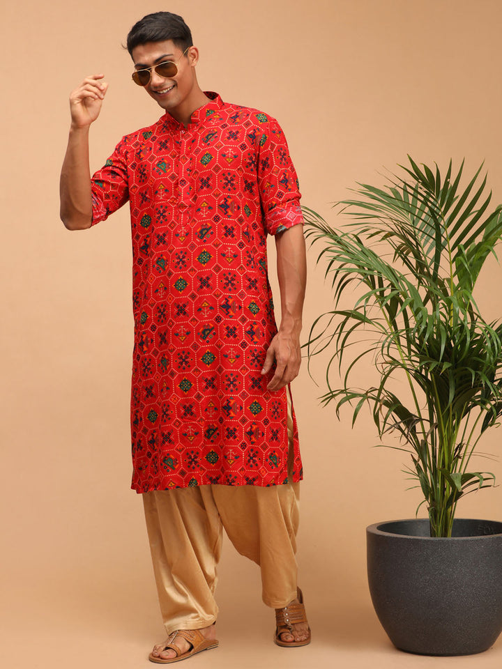 VASTRAMAY Men's Red Printed Rayon Kurta With Patiala Set