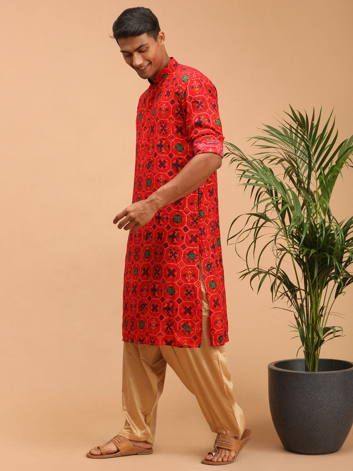 VASTRAMAY Men's Red Printed Rayon Kurta With Patiala Set