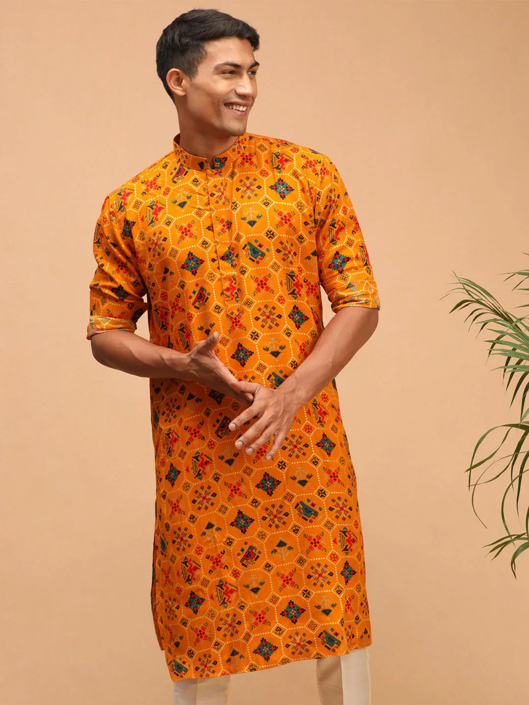 Men's Yellow Printed Rayon Kurta