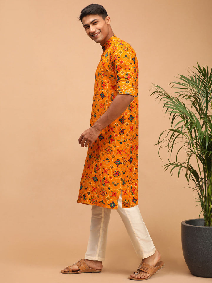 VASTRAMAY Men's Yellow Printed Rayon Kurta With Pant Set