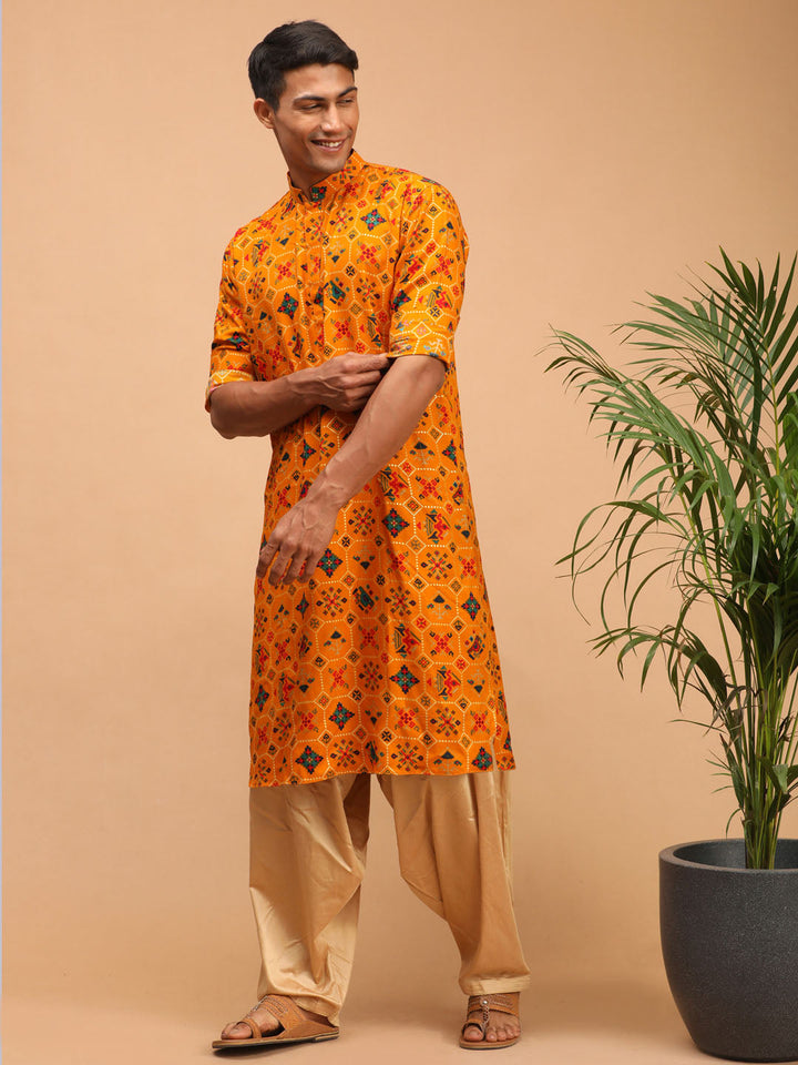 VASTRAMAY Men's Yellow Printed Rayon Kurta With Patiala Set