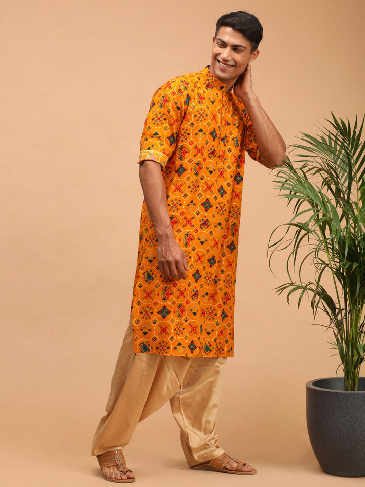 VASTRAMAY Men's Yellow Printed Rayon Kurta With Patiala Set