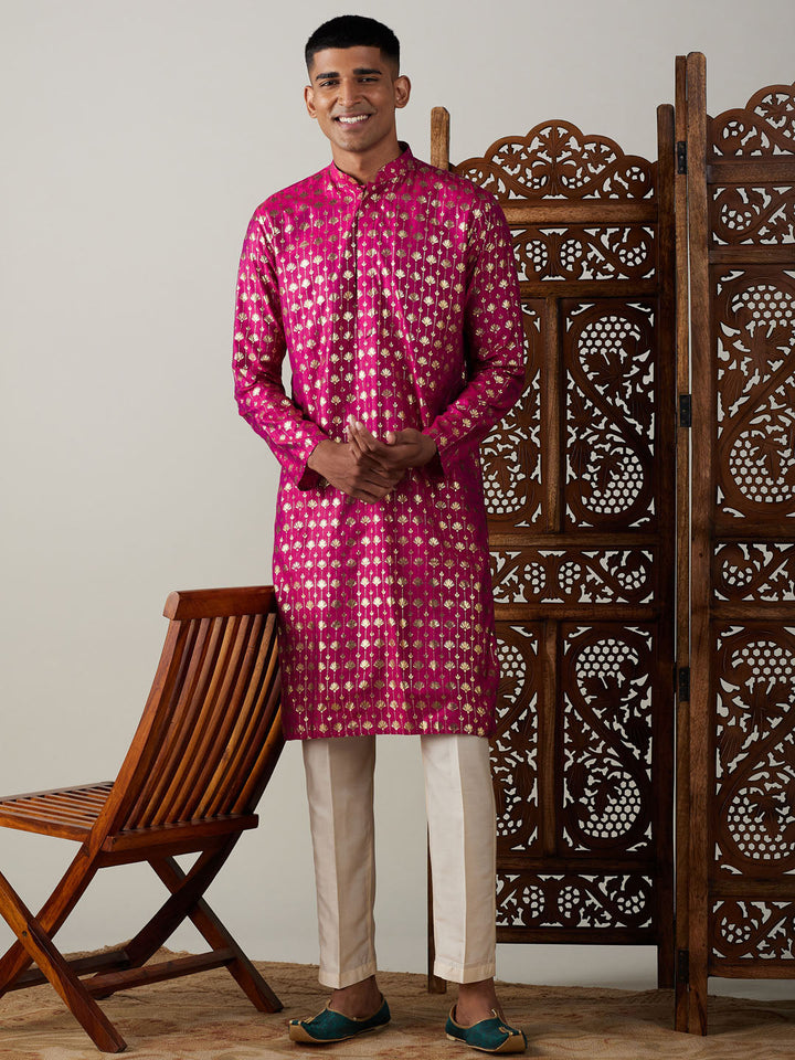 VASTRAMAY Men's Dark Pink Foil Printed Kurta With Cream Pant Style Pyjama Set